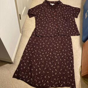 Josephine Chaus Short Sleeve Top Long Skirt Set Size 16 Brown Floral Pattern
